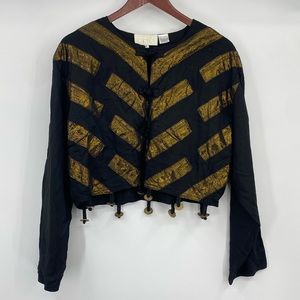 Vintage 80s Cache Bolero Blazer Jacket Size Medium Black Gold Cropped Ethnic